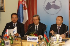 18 April 2012 (from left to right) Head of the National Assembly standing delegation to PABSEC Aleksandar Vlahovic, Committee Chairman Gagik Minasyan and President of the Government of AP Vojvodina Bojan Pajtic